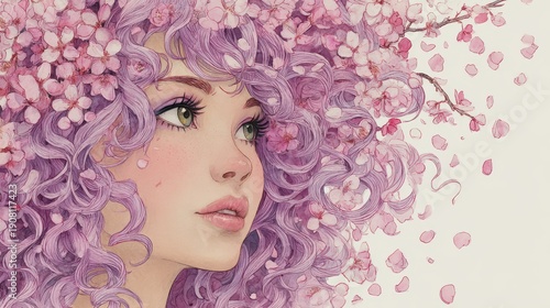 Woman with purple curly hair surrounded by cherry blossom petals in a close-up view with a soft focus