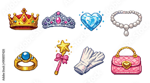 Pixel art: royal accessories with crown, tiara, and wand in vibrant colors