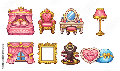 Pixel art princess bedroom set with pink bed, vanity, and royal decor