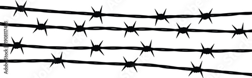 Hand drawn barbed wire horizontal border set isolated on white background, black silhouette sketch fence lines for security, danger warning, prison and military barrier design.
