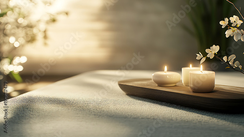 Soft linen table with lit candles and delicate flowers creates serene atmosphere for relaxation and rejuvenation