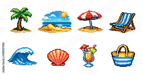 Retro pixel art beach icons featuring palm tree shell and cocktail