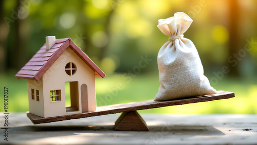 Saving money, home loan, mortgage, a property investment for future concept. A man hand putting money coin over small residence house and money bag with nature background. A sustainable investment.