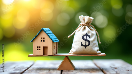 Saving money, home loan, mortgage, a property investment for future concept. A man hand putting money coin over small residence house and money bag with nature background. A sustainable investment.