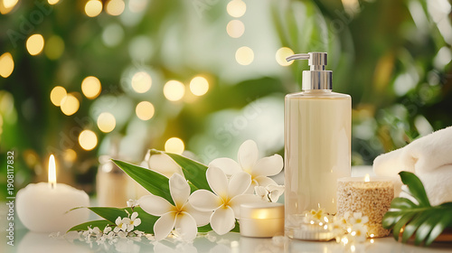 Luxurious spa interior featuring wellness products, candles, and flowers, creating serene atmosphere for relaxation and rejuvenation