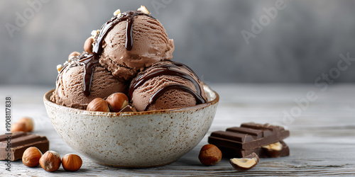 Delicious Chocolate Ice Cream Sundae: A close-up shot of a delectable chocolate ice cream sundae, boasting creamy scoops drizzled with chocolate sauce and a sprinkling of nuts.