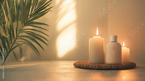 Serene spa interior featuring candles and wellness products creates calming atmosphere for relaxation and rejuvenation