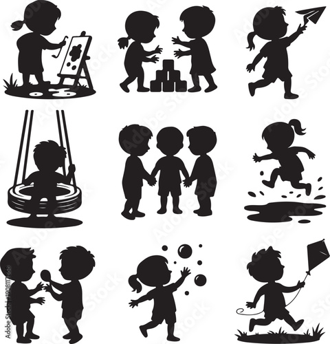 black silhouettes of children playing and having fun  kids activities
