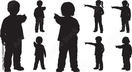 Silhouettes of children pointing and standing in various poses
