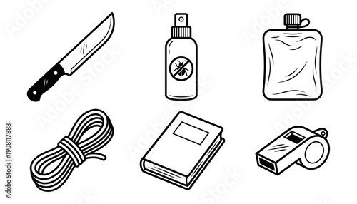 A collection of graphic icons representing a knife insect repellent spray water pouch coiled rope book and a whistle illustration design drawing black white isolated simple