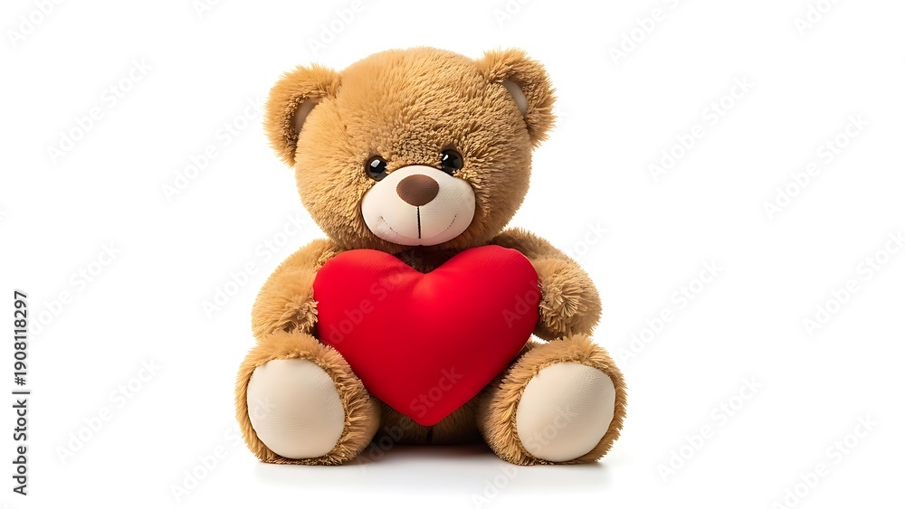 Fototapeta premium A cuddly teddy bear with brown fur, holding a vibrant red heart, set against a white backdrop