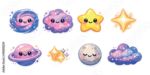 Cute cosmic characters: smiling celestial bodies with faces and stars