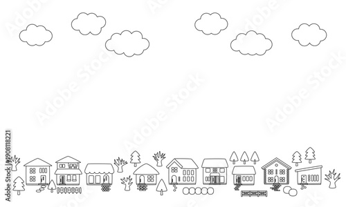 冬の町並みフレーム背景素材_線画