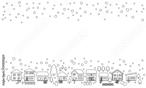 雪の降るクリスマスの町並みフレーム背景素材_線画
