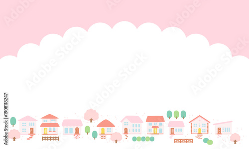 桜のある春の町並みフレーム背景素材