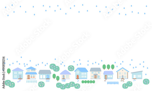 梅雨の雨と紫陽花のある町並みフレーム背景素材