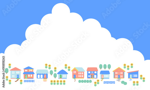 夏の青空とヒマワリの咲いている町並みフレーム背景素材