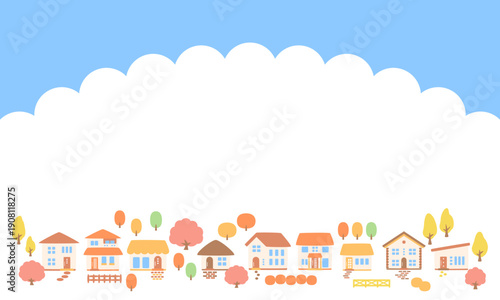 秋の紅葉と町並みのフレーム背景素材