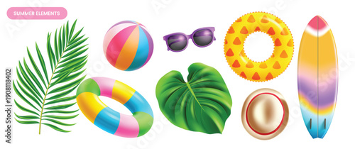 Summer beach element set with palm leaves, beach ball, sunglasses, inflatable rings, sun hat, and surfboard. Vibrant 3D tropical vacation object collection. Vector illustration.