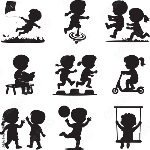 black silhouettes of children playing and having fun outdoors and indoors