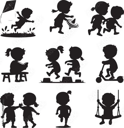 black silhouettes of children playing and having fun outdoors and indoors