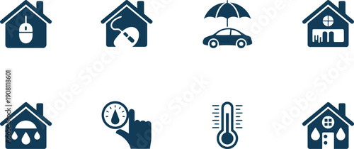 Vector icons illustrating home automation, property planning, vehicle safety, and moisture or temperature control