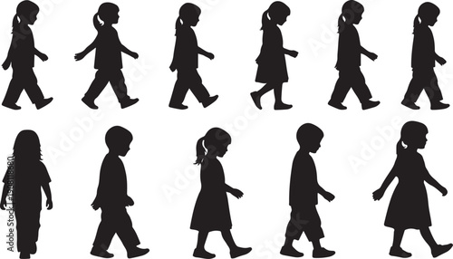 Silhouettes of children walking in various poses and outfits