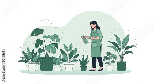 Woman Watering Houseplants, Indoor Gardening, Botanical Illustration
