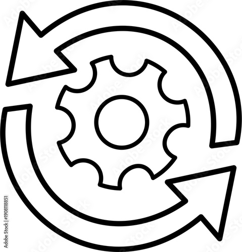 Bold Black Silhouette Gear with Circular Arrows Icon, Conveying Concepts of Settings, Reload, and Automated Workflow