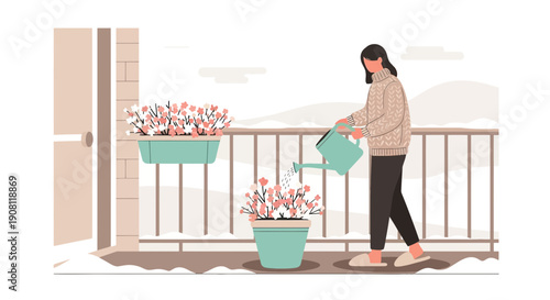 Woman watering potted flowers on balcony in winter, minimalist illustration