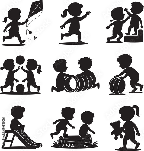 black silhouettes of children playing and having fun outdoors