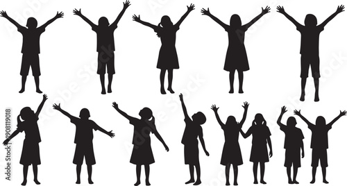 Silhouettes of people celebrating with arms raised in air