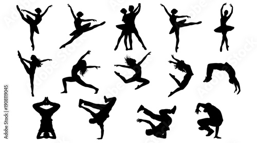 Collection of Silhouettes of Dancers in Various Ballet and Dance Poses.