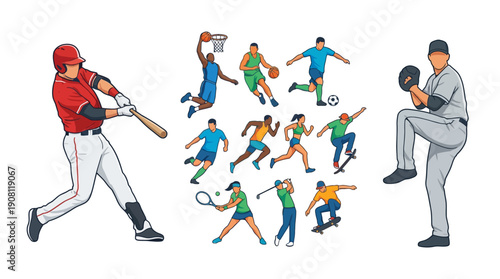 Baseball players in action with various sportspeople around.