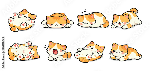Cute cartoon cats in various adorable poses on brown background
