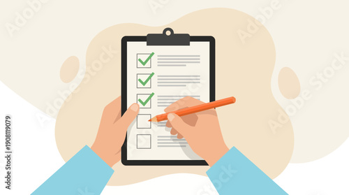 Hands holding clipboard with checklist and pencil.