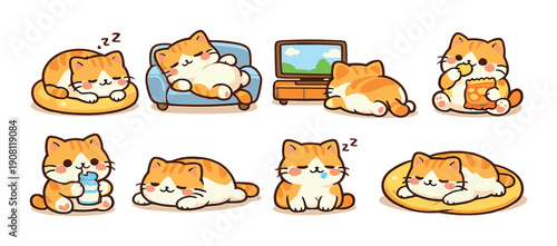 Adorable cartoon cats in various cute and comical relaxing poses