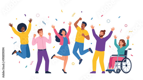 Diverse group of people celebrating together with confetti.