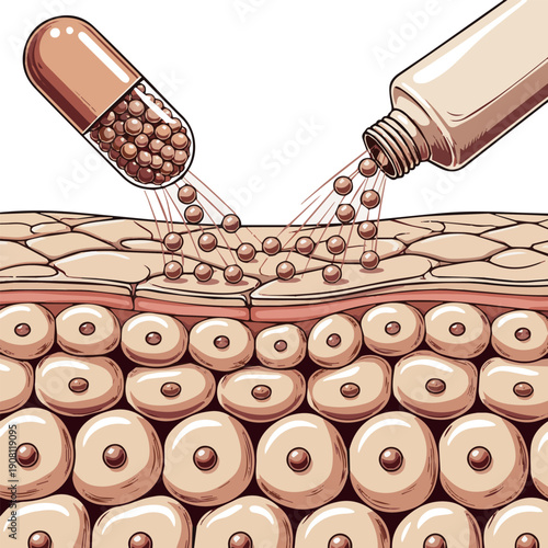 Isolated a realistic Collagen molecules penetrate the skin cells, enhancing skin elasticity. collagen supplement and cream concept. 3D rendering vector art with white background.