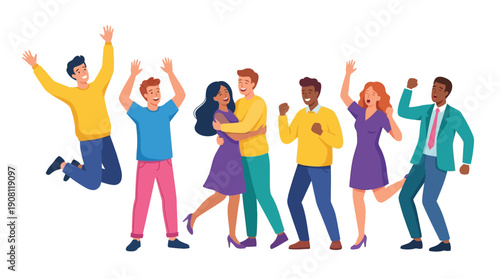 Diverse group of people jumping and celebrating together.