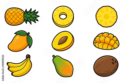 A vibrant collection of tropical fruits including a whole pineapple mango bananas papaya coconut and sliced pineapple and mango fruit slices whole fruit healthy food fresh fruit