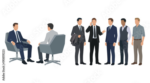 Businessmen in formal attire interacting in various professional settings.