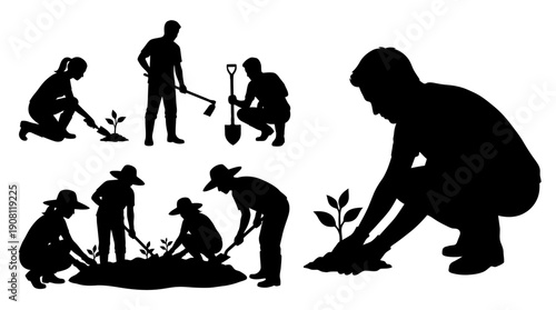 Silhouettes of people gardening and planting.