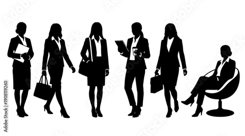 Silhouettes of business professionals in various poses and activities.
