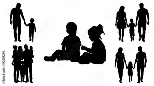 Collection of black silhouettes depicting various family scenes and interactions.