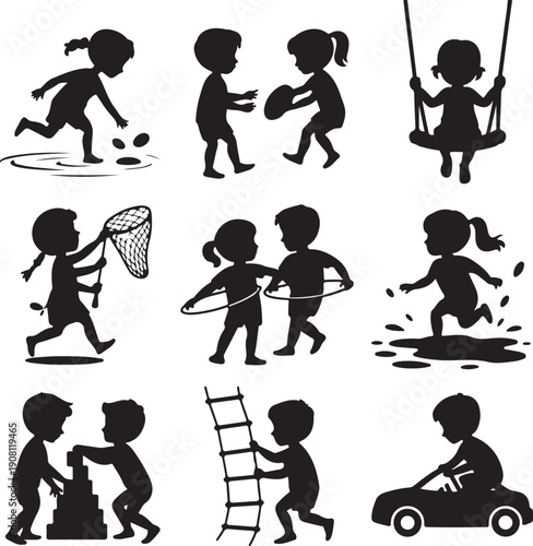 Black silhouettes of children playing and having fun outdoors every day