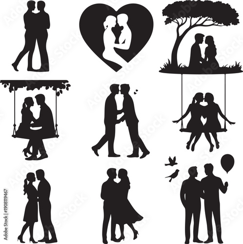 black silhouettes of couples in love  romantic relationships and affection
