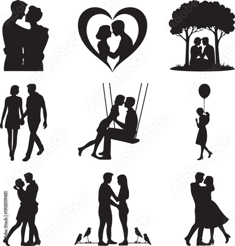 black silhouettes of couples in love on white background