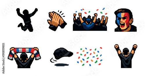 Excited fans cheering with flags and confetti in colorful celebration