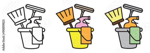 Cleaning tools icon set in linear and colored solid styles with editable strokes, isolated on a transparent background. Ideal for household chores, hygiene concepts, and home service design projects.